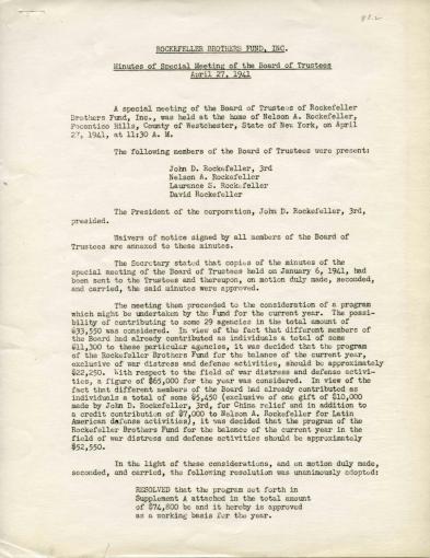 A sheet of paper featuring the Minutes of a Special Meeting, April 4, 1941.